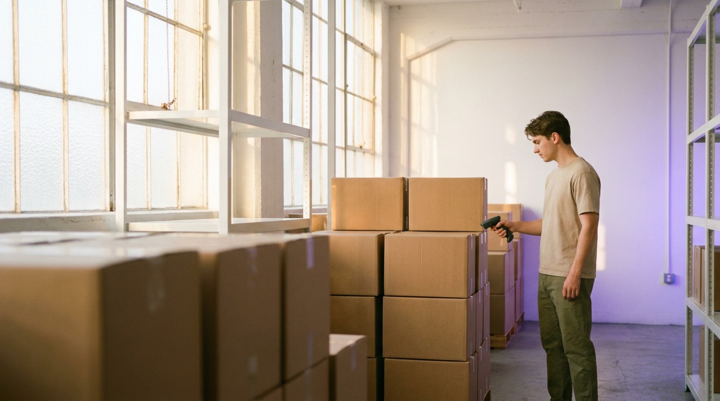 Founder walking a warehouse aisle at golden hour